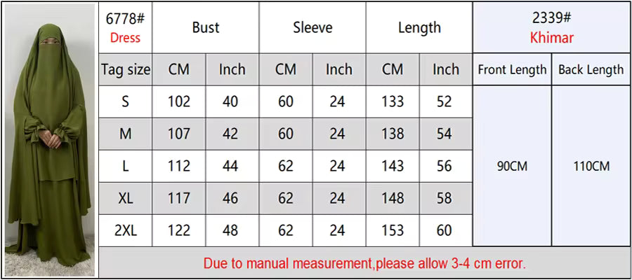 Khimar abaya 2 pieces set - size chart