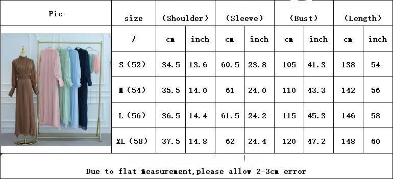 Size chart for a dress with measurements in centimeters and inches.