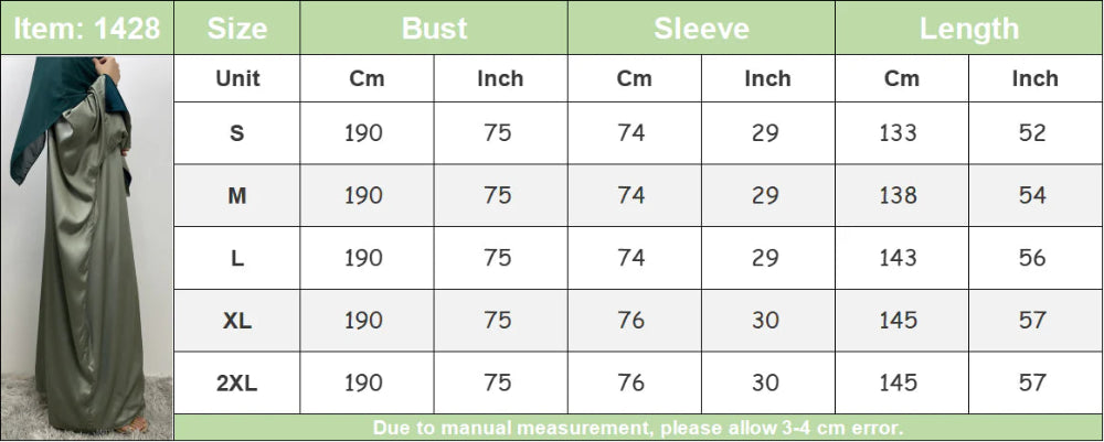 Double sided satin abaya size chart 