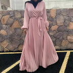 Pleated satin dress with belt