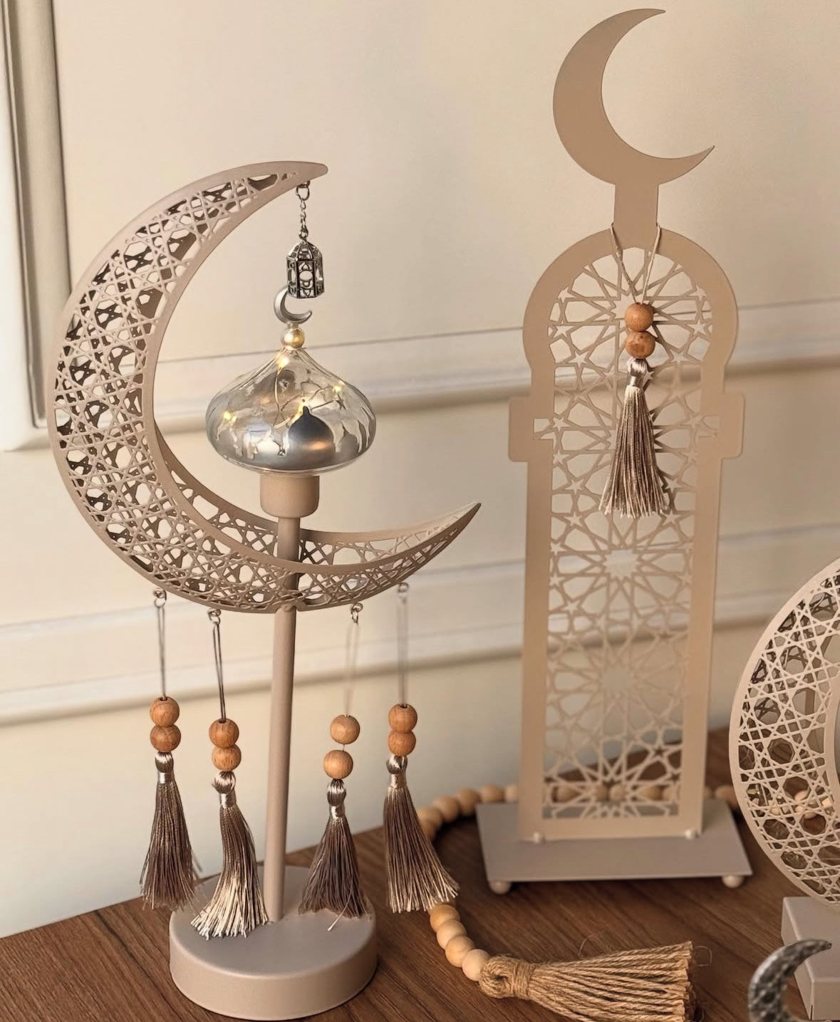 Ramadan's glowing crescent in off-white