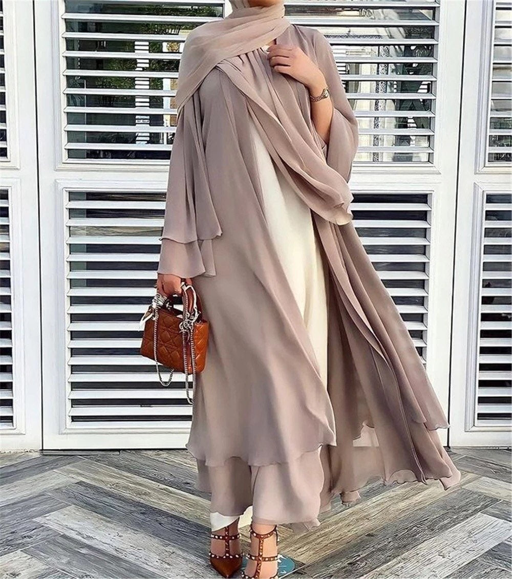 2 layers chiffon Hijab abaya with belt